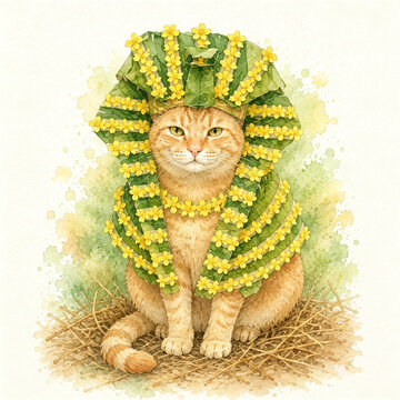 Cute Orange Tabby Cat Wearing a White Blossom Flower Crown and Floral Cloak Illustration Isolated on White Background