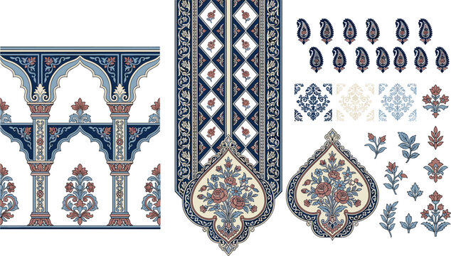 Luxury Islamic Architectural Border and Elegant Floral Neckline Vector Set with Arch Pillars Paisley Motifs and Traditional Arabesque Tile Patterns for Textile Designs