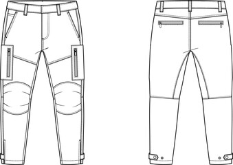Obraz premium Technical Flat Sketch of Men's Tactical Cargo Pants Front and Back Vector Apparel Design
