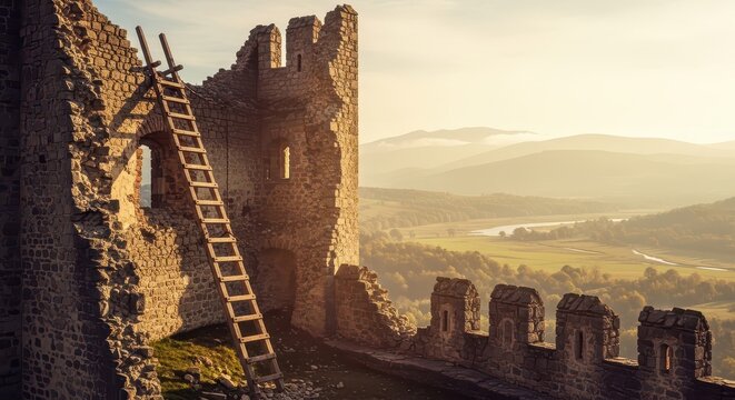 Broken Castle Siege Ladder Against Ancient Stone Ruins and Distant Hills
