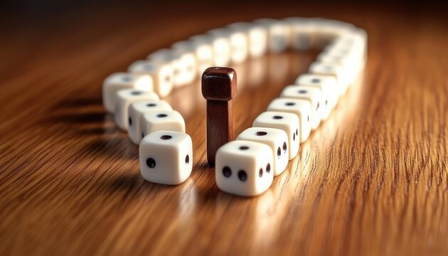 single dark wooden pawn surrounded by a u-shaped line of white dice on a wooden table, evoking isolation, protection and standing out