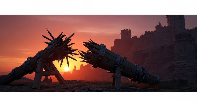 Broken Medieval Battering Rams Against Sunset Sky with Castle