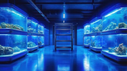 Fototapeta premium rows of illuminated blue aquarium tanks with coral rock, empty metal cart in center, glossy reflective floor, sterile tranquil futuristic display room