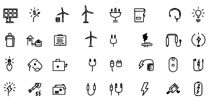 Energy icons set with 24 simple flat black and white illustrations in a 4x6 grid featuring solar, wind, battery with line art and minimalist
