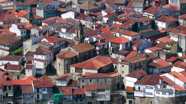 Aerial View of the Medieval Village of Ribadavia at the Confluence of the Mi&ntilde;o and Avia Rivers in Galicia Spain