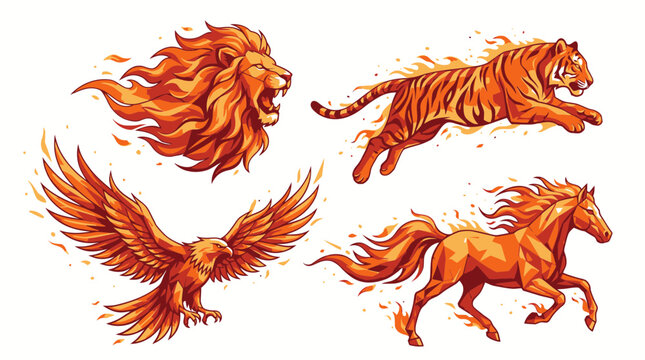Mythical creatures including lion, tiger, winged horse and eagle in motion