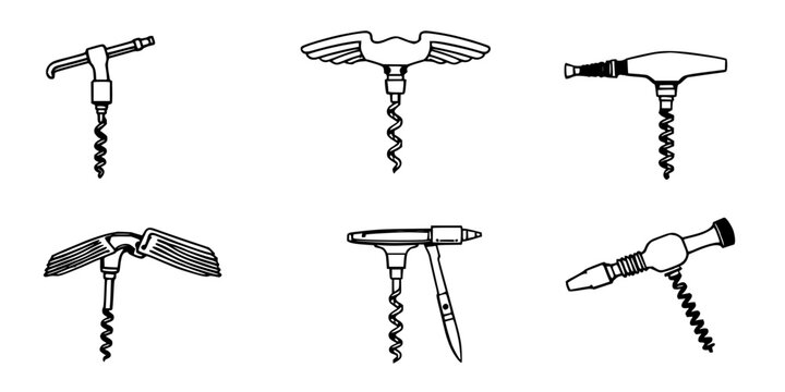 Corkscrews set with six black and white vector illustrations arranged in a 2x3 grid on a plain white background featuring lever, winged, spiral with mechanical and minimalist