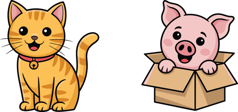 Cute cartoon orange tabby cat sitting with collar and happy pink piglet peeking out of cardboard box vector illustration on white background