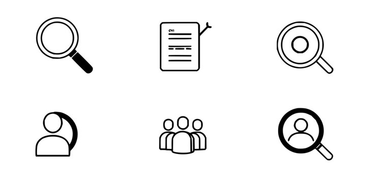 Job search icons set with six minimal black and white vector icons arranged in a 3x2 grid featuring magnifying glass, person, target, checkmark with CV document and group icons