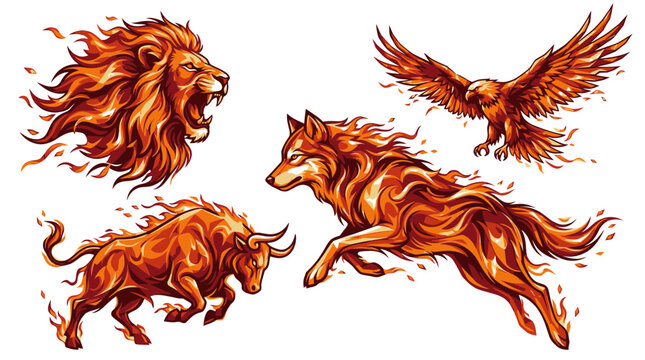 Mythical creatures including lion, bull, horse, and eagle run wildly.