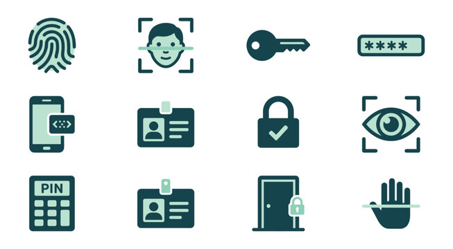 Biometric Verification and Identity Authentication Vector Icon Set with Fingerprint Scan Face Recognition Key Password Field Smartphone Pass Identification Card Verified Lock Iris Scanner PIN Pad and 