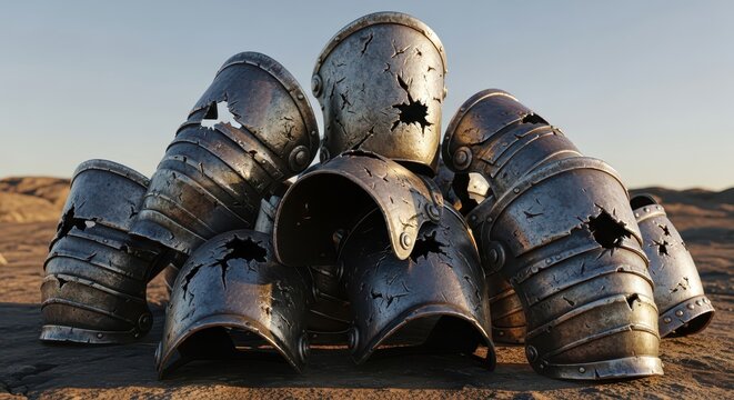Collection of battered and dented medieval metal armor pieces