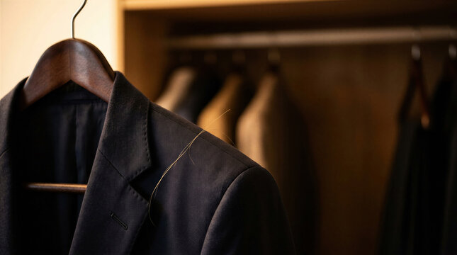 Long strand of hair on a man suit jacket in the closet. Evidence of infidelity and broken marriage. Jealousy and betrayal in relationship concept between husband and wife crisis.