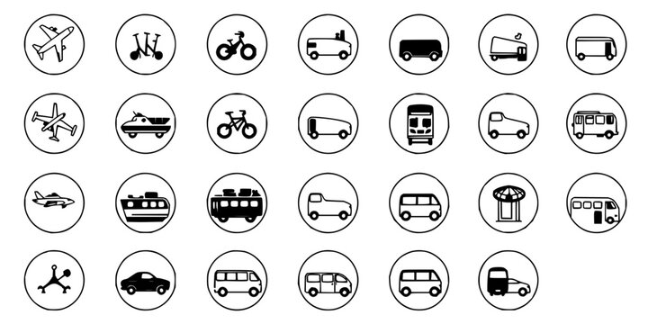 Grid of twelve circular icons, each containing a different mode of transportation, arranged in two rows of six. The icons include an airplane, bicycle, cruise ship, train, car, and bus, with each s...
