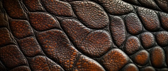 Naklejka premium close-up of warm brown pebbled leather texture with irregular raised scales, deep seams, glossy highlights and rugged organic pattern conveying tactile warmth and aged character