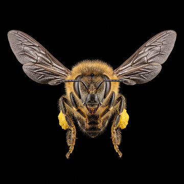 High speed macro photography of a single honeybee flying directly at the camera with large yellow pollen baskets on its legs isolated on a black background.