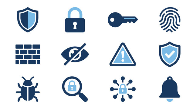 Network Defense and Vulnerability Scanning Alert Systems Vector Icon Set with Protection Shield Padlock Key Fingerprint Brick Firewall Hidden Eye Alert Bug Scanner and Bell Symbols