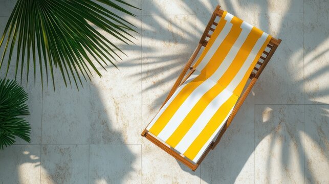 overhead view of a yellow and white striped wooden deck chair on a sunlit tiled patio with palm leaves and soft shadows, evoking relaxed summer calm