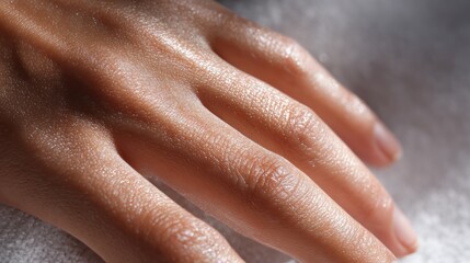 Fototapeta premium Close-up of a Woman's Hand: A detailed view of a woman's delicate hand with smooth skin, gently resting on a soft, textured surface, highlighting the beauty of human anatomy and natural texture.