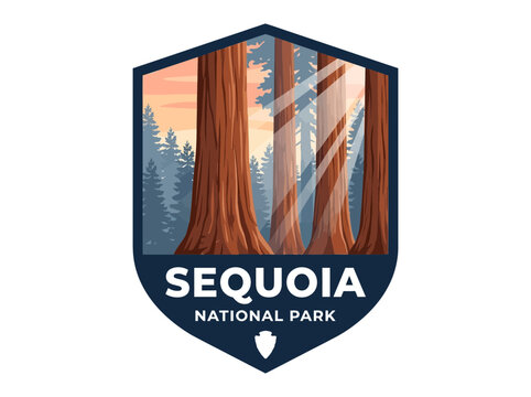 Sequoia National Park emblem featuring towering redwood trees and sun rays filtering through the forest canopy.