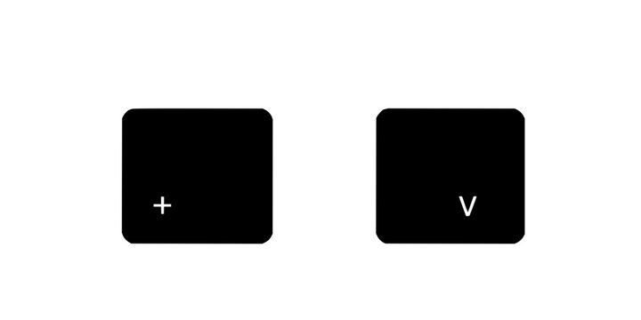Keyboard key pairs set with minimalist vector illustration of a 2x2 grid featuring Ctrl, C, Ctrl, V, plus sign with black outline and monochrome