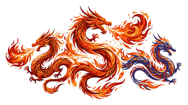Vibrant dragons dance amidst swirling flames in a mythical scene.