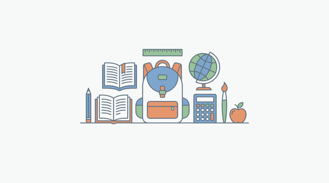 An illustration of various educational objects on a table indoors.