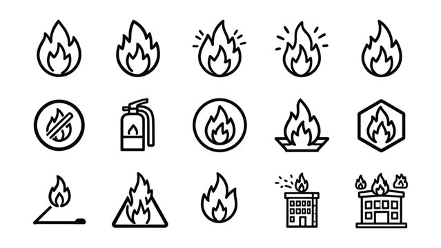 Set of black line icons depicting fire flames and signs  warning and safety symbols