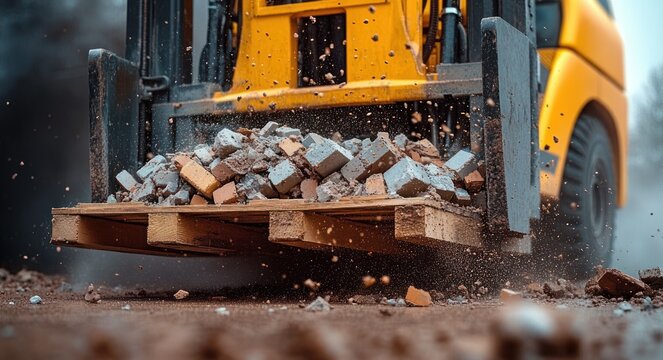 Low-angle close-up of a yellow forklift lifting a wooden pallet loaded with bricks and rubble, dust and debris flying in gritty construction action