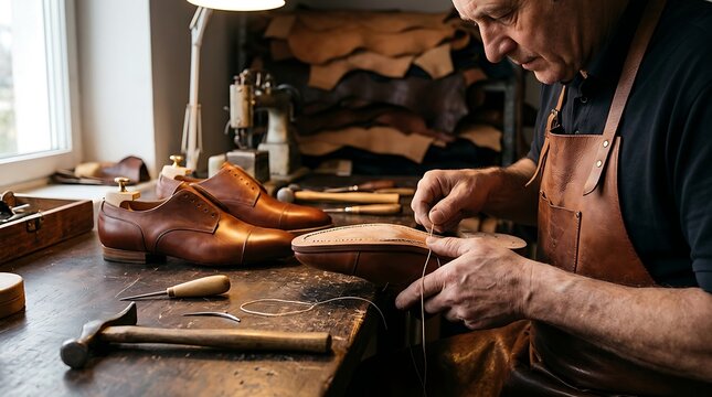 Professional shoemaker stitching a leather shoe in a traditional workshop