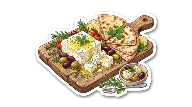 Delicious Greek cheese platter with herbs olives and flatbread on rustic wood serving board