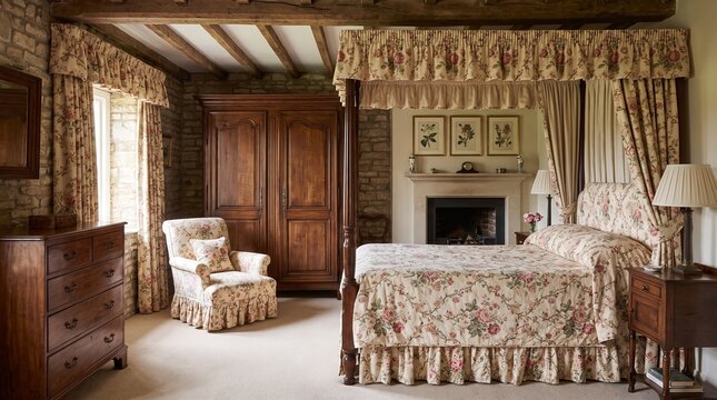 Traditional bedroom with floral four-poster bed, stone walls and rustic wooden ceiling beams in cozy interior