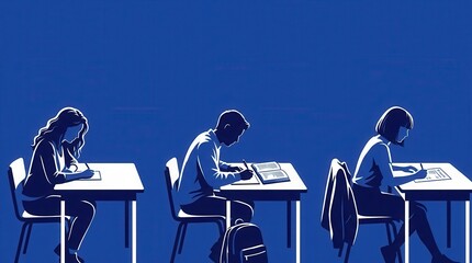 Minimalist blue silhouette of three students sitting at desks studying hard for exams, capturing the core essence of concentration, education, and learning in a modern school or university setting