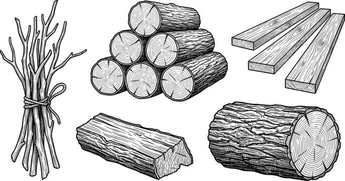 Hand drawn vintage wood logs firewood timber twigs and planks vector element set illustration