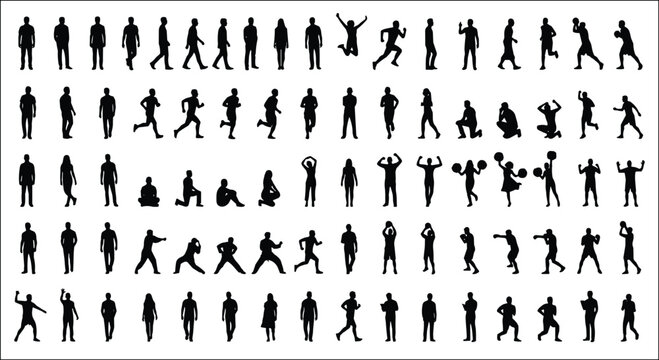 Black silhouette people collection, 80 diverse human figures in various poses, walking and running man and woman vector set, crowd of people silhouettes