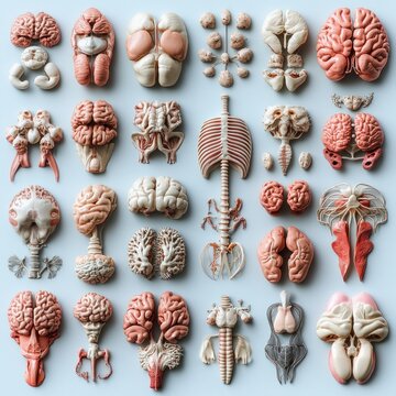 multiple anatomical brain models, cerebellums, brainstems and a spinal column with rib sections arranged in a neat grid on a pale blue background, evoking clinical curiosity