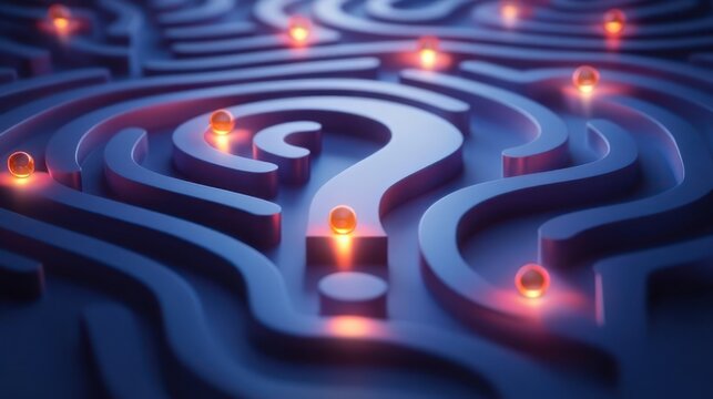 deep blue maze of question mark-shaped pathways with glowing orange orbs on pedestals, glossy surfaces and soft neon lighting conveying curiosity and mysterious intrigue
