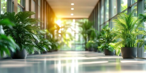 Fototapeta premium sunlit modern glass corridor lined with potted tropical plants and reflective floor, warm morning light creating a calm inviting atmosphere