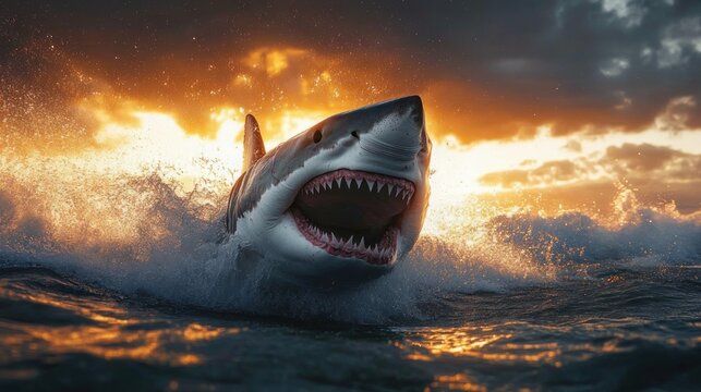 ferocious great white shark breaching from churning sea with gaping jaws at golden sunset, explosive splash and dramatic stormy sky
