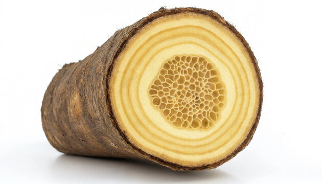 A cross section of a thick brown root showing concentric growth rings and a porous, honeycomb-like center structure on a white background surface