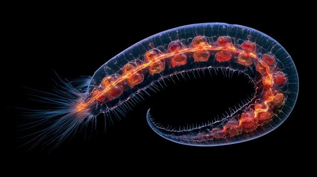 Glowing marine bristle worm isolated on black background, bioluminescent deep sea invertebrate with detailed anatomy.