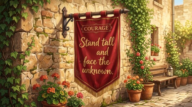 Crimson Courage Banner with Inspirational Message Hanging on Stone Wall