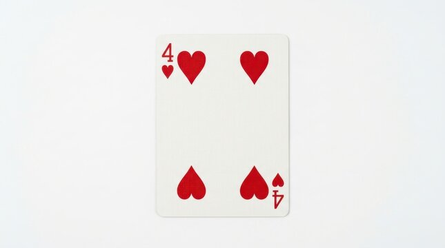 Single classic four of hearts playing card centered on a clean white background, showcasing red heart suit symbols and numeric rank for gambling, gaming, and card trick design concepts for