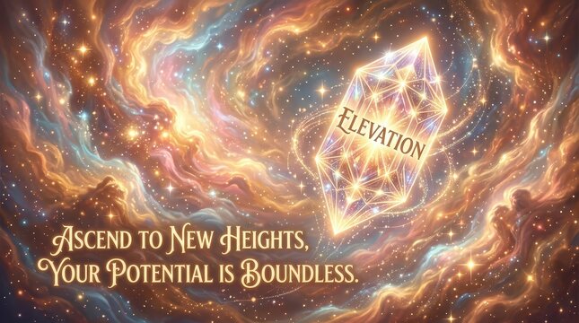 Crystal of Elevation Amidst a Cosmic Nebula with Inspiring Text