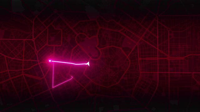 Milan GPS Route Animation with Pink Navigation Path and Location Marker, Lombardy, Italy, 4K