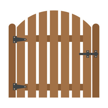 A simple wooden garden gate with an arched top and uniform vertical slats, featuring a latch and hinges, isolated on white. Home garden concept