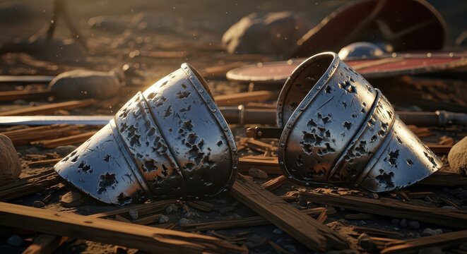 Dented Steel Pauldrons Lying Among Battlefield Debris, Evoking Ancient Conflict