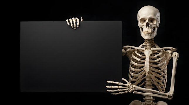 Human skeleton holding a blank black sign against a black background