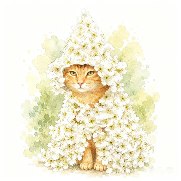 Cute Ginger Cat Wearing a White Blossom Costume &ndash; Watercolor Storybook Illustration