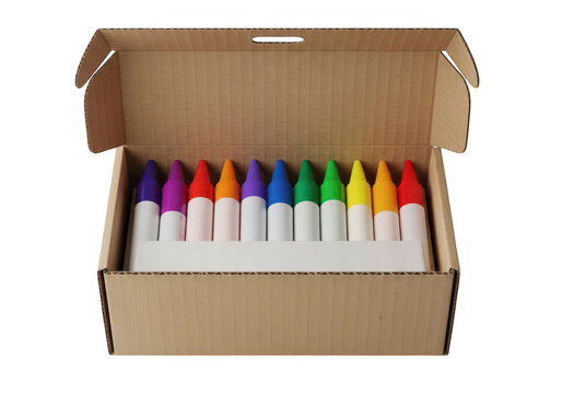 Set of colorful wax crayons in a small cardboard box